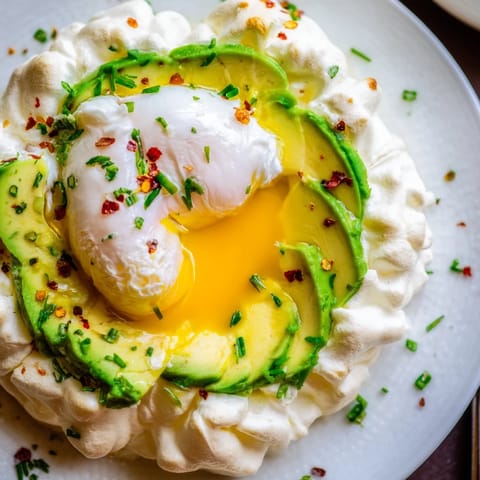 Close-up of fluffy Cloud Bread Breakfast Clouds featuring whipped egg white mounds with baked yolks, garnished with fresh chives and red pepper flakes.