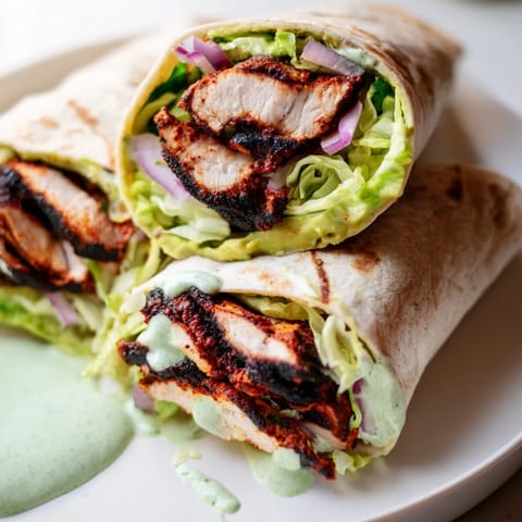 Smoky chipotle chicken wrap with fresh veggies and tangy Greek yogurt sauce.  
