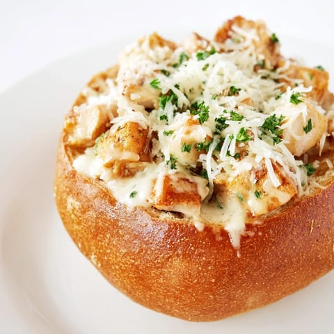 A close-up of a steaming chicken Alfredo bread bowl, showcasing its rich sauce and crusty bread rim.  