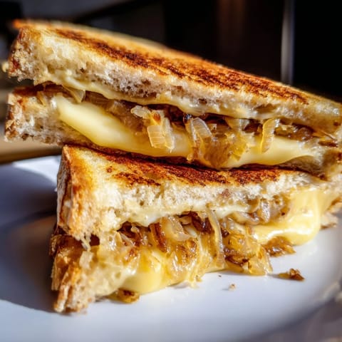 Gooey Caramelized Onion Grilled Cheese oozing sharp cheddar, served with a dill pickle spear.