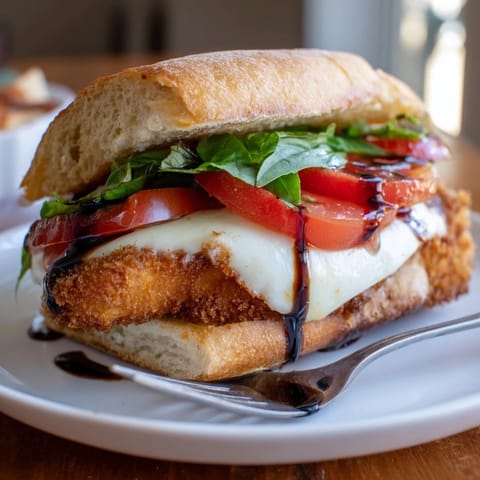 Crispy Chicken Caprese Sandwich stacked with ripe tomato and fresh basil, drizzled with balsamic glaze on ciabatta bread.
