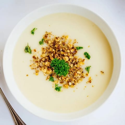 Velvety roasted celeriac soup garnished with golden hazelnut crumble, perfect for a vegetarian, gluten-free dinner.