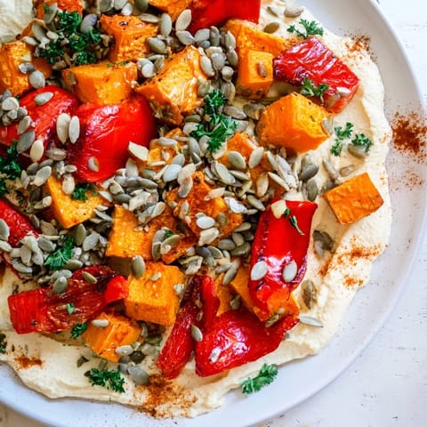 A close-up of the vibrant Roast Squash and Hummus Winter Salad, showcasing caramelized vegetables and a sprinkle of fresh parsley.