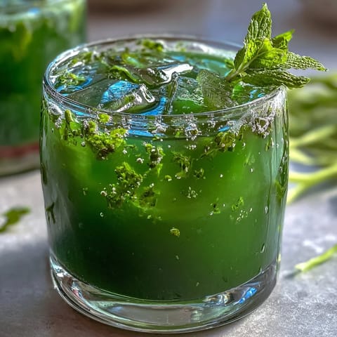 Freshly blended Celery Ginger Lemon Juice poured over ice, with bright green celery and mint visible in the glass.  