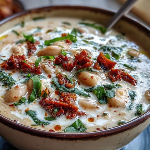 Spoonful of Creamy Tuscan White Bean Soup in a white bowl, garnished with fresh basil and a drizzle of olive oil.