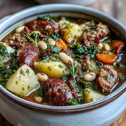 A bowl of Tuscan White Bean Sausage Soup garnished with Parmesan, featuring kale and creamy beans in a rich broth.