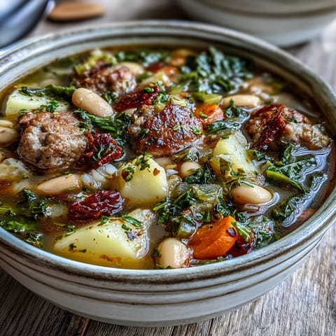 Hearty Tuscan White Bean Sausage Soup simmering in a pot with carrots, celery, and crumbled Italian sausage.