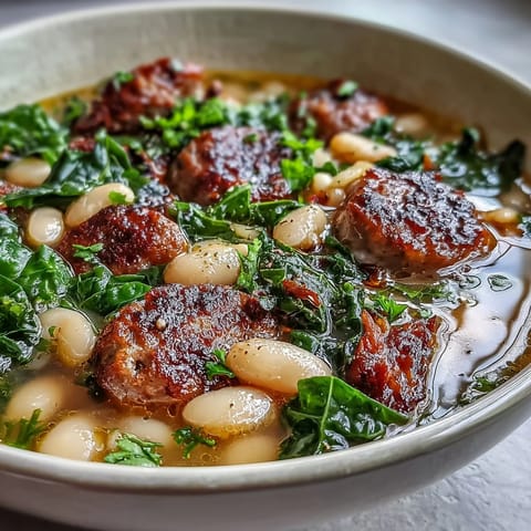 Italian White Bean Soup with Kale and Sausage features dark green kale and browned sausage pieces swimming in a creamy white bean broth.