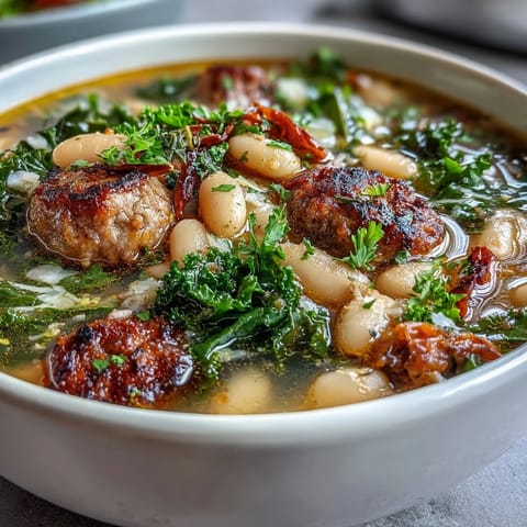A rustic bowl of Italian White Bean Soup with Kale and Sausage topped with melted Parmesan and a side of crusty bread.