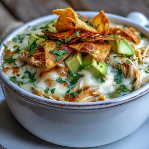 A steaming bowl of Creamy Chicken Tortilla Soup topped with fresh cilantro and lime wedges.