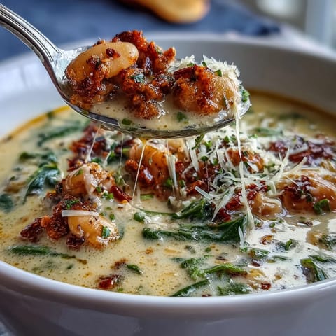 Close-up of Epic Creamy Tuscan White Bean Soup With Sausage, showing crumbled sausage and tender carrots in a rich broth.