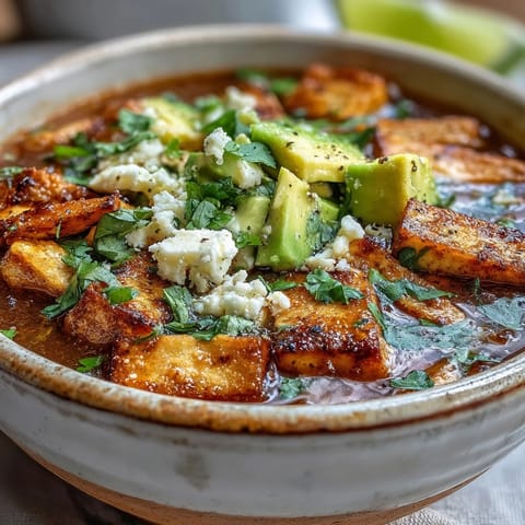 A steaming bowl of Sopa Azteca garnished with diced avocado, fresh cilantro, and a dollop of crema.