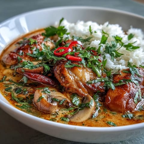 A steaming bowl of Thai Coconut Curry Soup with jasmine rice, carrots, and red chili slices for a spicy kick.