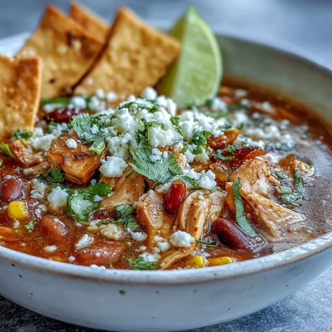 Vibrant Chicken Tortilla Soup topped with avocado slices, lime wedges, and crumbled cotija cheese.