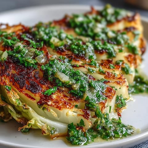 Golden roasted cabbage steaks drizzled with vibrant jalapeño chimichurri sauce on a plate.