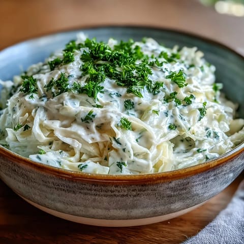 Steaming bowl of Creamed Cabbage, the light and creamy sauce coating tender cabbage leaves, served as a warm, comforting side for a family dinner.