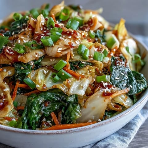 A close-up of Hot and Sour Cabbage topped with toasted sesame seeds and fresh green scallions, served alongside steamed rice.