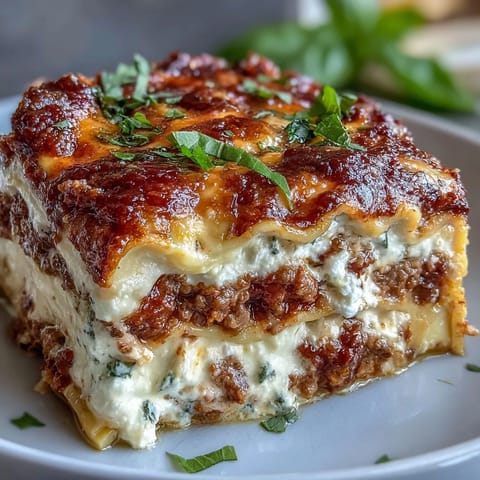 A slice of Worlds Best Lasagna reveals rich meat sauce and creamy ricotta between tender noodles.