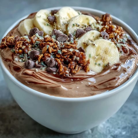 A close-up of creamy Chunky Monkey Smoothie Bowls featuring chocolate drizzle and crunchy hemp seeds.