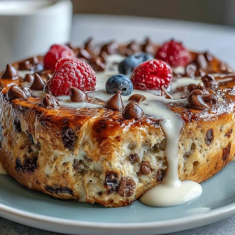 Golden Baked Protein Pancake Bowl with chocolate chips and peanut butter, served warm right out of the oven.