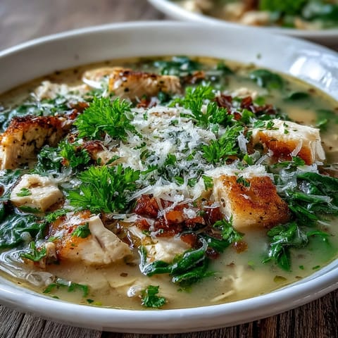 Creamy Garlic Parmesan Chicken Soup simmering in a pot with fresh herbs and grated cheese.
