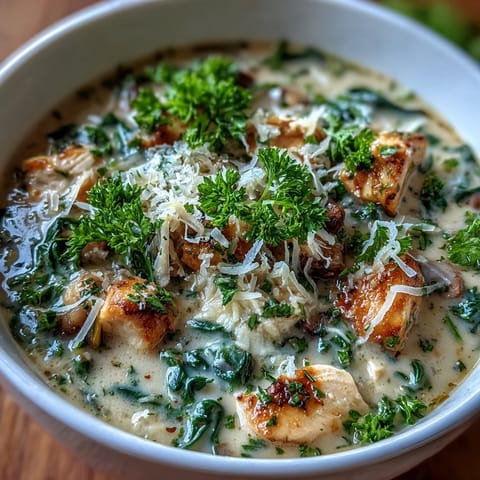 A bowl of Garlic Parmesan Chicken Soup garnished with parsley, served with crusty bread.