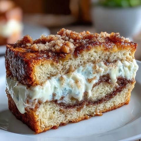 A thick slice of Cream Cheese Cinnamon Swirl Banana Bread reveals a creamy white filling and warm brown sugar swirl.