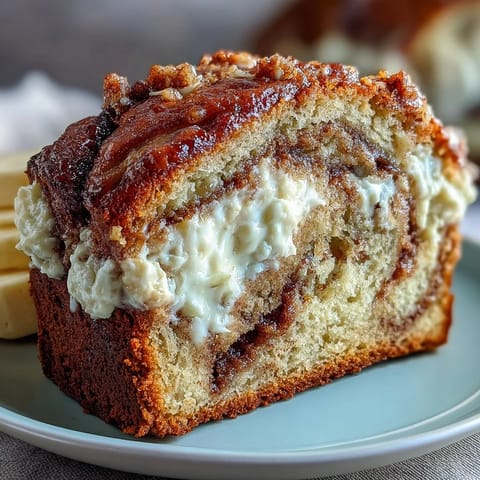 Golden brown Cream Cheese Cinnamon Swirl Banana Bread sits on a rustic cutting board, ready for breakfast or dessert.