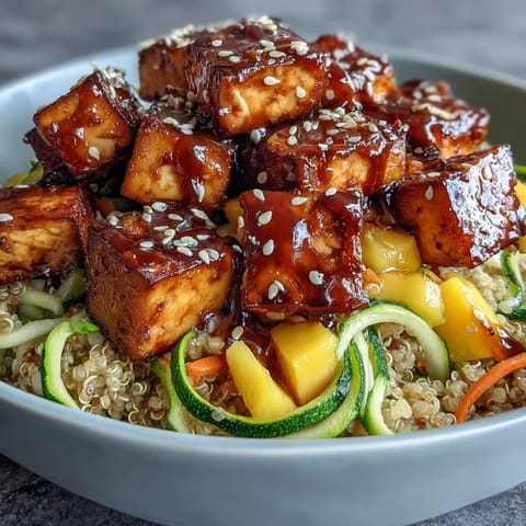 Crispy baked tofu and vibrant spiralized veggies on fluffy quinoa, drizzled with sweet teriyaki sauce and topped with fresh mango slices.  