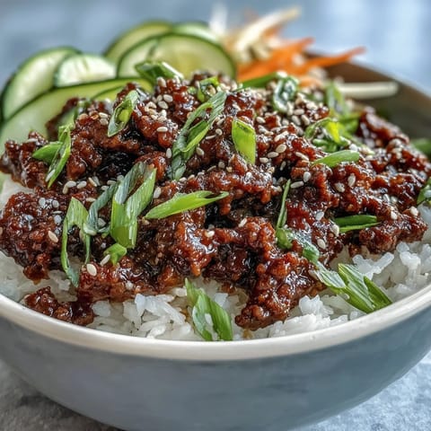 This quick 25-minute Korean beef bowl features tender ground beef in a glossy red sauce, topped with crunchy sesame seeds and vibrant green onions.