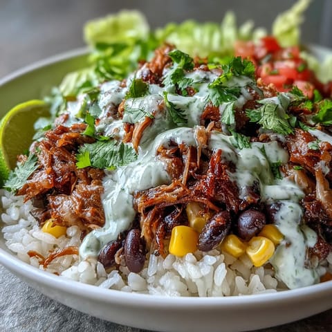 A close-up of a vibrant Carnitas Burrito Bowl featuring tender, juicy carnitas over fluffy rice, topped with black beans, sweet corn, crisp lettuce, zesty salsa, and a drizzle of tangy lime crema.