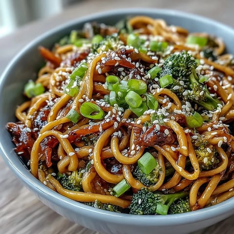 Brightly colored Asian Teriyaki Noodle Bowl features tender egg noodles tossed in glossy sauce with crisp broccoli and carrots, topped with sesame seeds.  