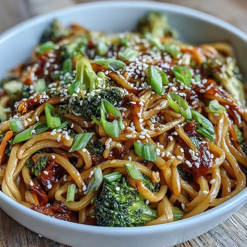 A close-up view of steaming Asian Teriyaki Noodle Bowl highlights saucy noodles, vibrant veggies, and fresh green onions.  