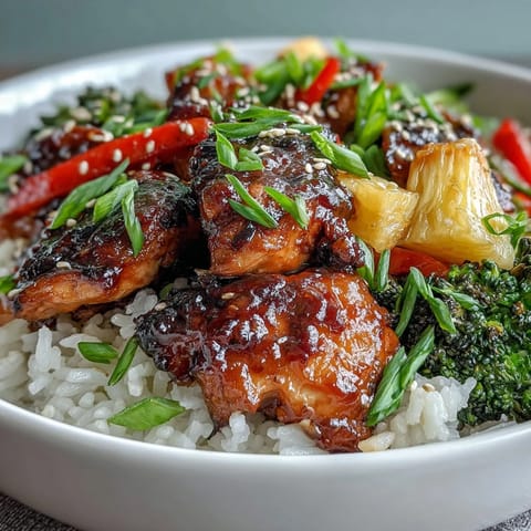 Tender teriyaki chicken glazed in glossy sauce rests on fluffy rice with colorful stir-fried vegetables and fresh pineapple.