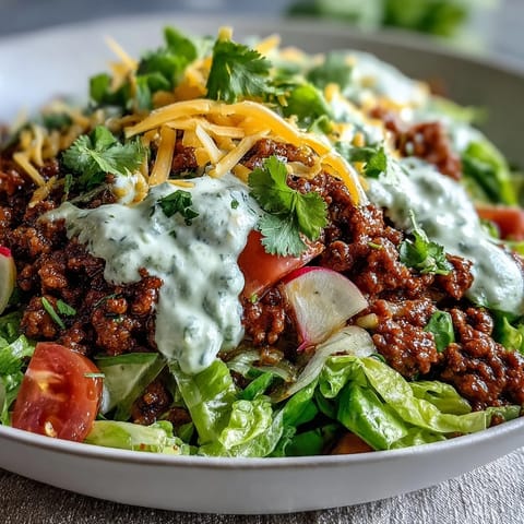 A vibrant Healthy Taco Bowl with seasoned ground beef, crisp romaine lettuce, fresh diced tomatoes, and creamy avocado slices.