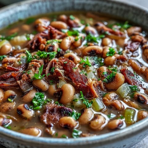 Smoky Classic New Years Black-Eyed Peas simmered with ham hocks, served hot over steamed rice with a dash of hot sauce.