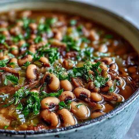 A close-up of tender Classic New Years Black-Eyed Peas stewed with aromatics, garnished with fresh parsley beside a piece of cornbread.