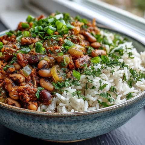 Hearty vegetarian Hoppin John in a bowl, featuring black-eyed peas and fluffy rice, garnished with fresh parsley and sliced green onions.