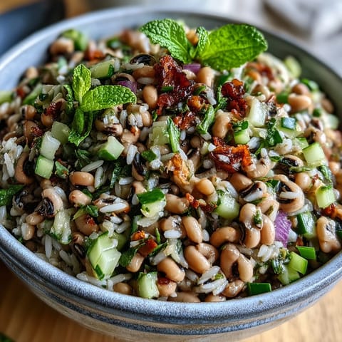 A close-up view of Southern Black Eyed Pea Salad in a white bowl, featuring black-eyed peas, diced red onion, and fresh mint leaves coated in a glossy lemon-mint vinaigrette.