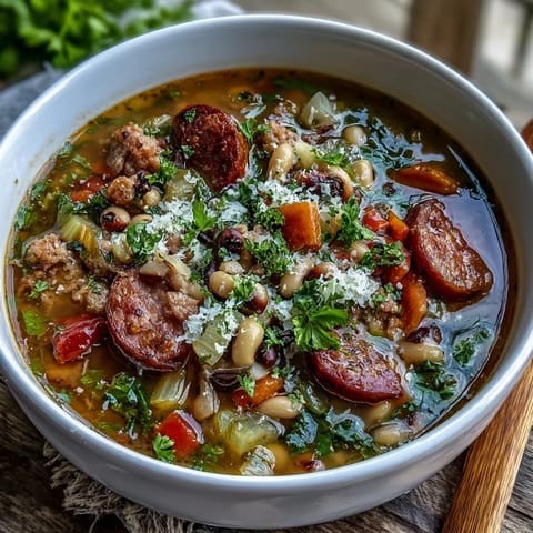 Rustic Black-Eyed Peas and Sausage Soup simmering in a pot with steam rising.