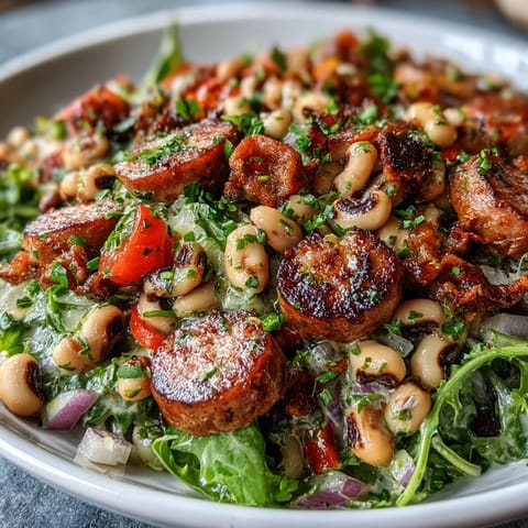 A close-up of Hoppin John Style Black-Eyed Pea Salad plated over crisp mixed greens, featuring cherry tomatoes and celery drizzled with tangy tarragon dressing.