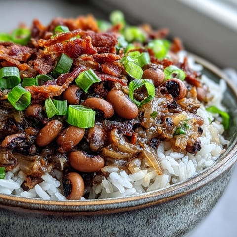 A comforting bowl of Hoppin John, featuring tender peas and smoky bacon over steamed rice.