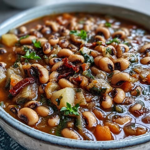 A warm bowl of Black-Eyed Pea Stew with Chefs Touch, garnished with fresh parsley and a spoon dipping into the savory tomato broth.