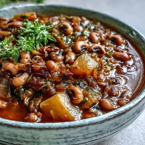 Black-Eyed Pea Stew with Chefs Touch simmering in a Dutch oven, featuring tender carrots, potatoes, and onions in a rich, smoky broth.