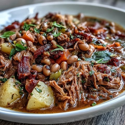 A hearty bowl of Black-Eyed Pea Stew with Smoked Ham Hocks, garnished with fresh parsley and served alongside warm cornbread.