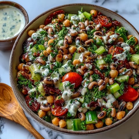 New Years Hoppin John Salad plated in a white bowl, featuring black-eyed peas and chickpeas beside creamy tahini dressing and fresh parsley. 