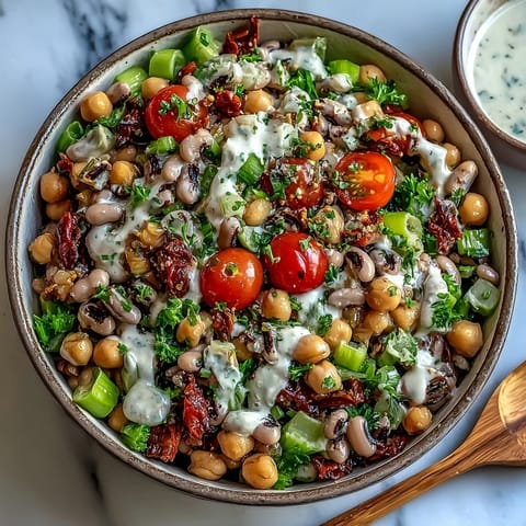 A vibrant bowl of New Years Hoppin John Salad with cherry tomatoes and celery, served as a healthy Southern-inspired appetizer. 
