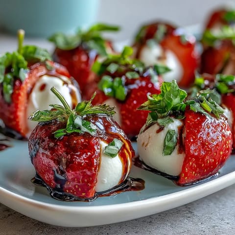 Strawberry Caprese Skewers with Balsamic Drizzle: Colorful appetizer skewers with fresh strawberries, mozzarella, and basil, finished with a glossy balsamic glaze for a sweet-savory bite.