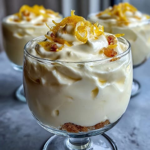 Zesty lemon mousse layered over golden shortbread crumble, topped with fresh berries for a vibrant treat.