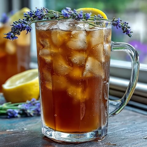 A pitcher of lavender honey lemonade with fresh lemon slices and lavender sprigs, glowing in soft afternoon light.